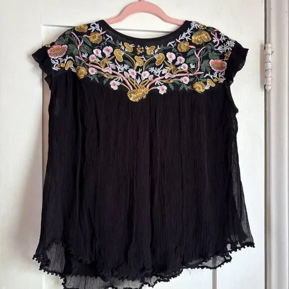Seen Worn Kept Black Embroidered Sheer Blouse Women’s Small Boho Floral Festival - Picture 6 of 6